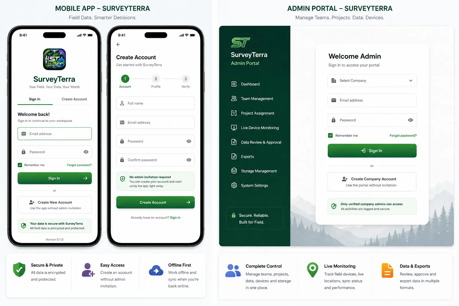 SurveyTerra mobile field app and company admin portal interfaces